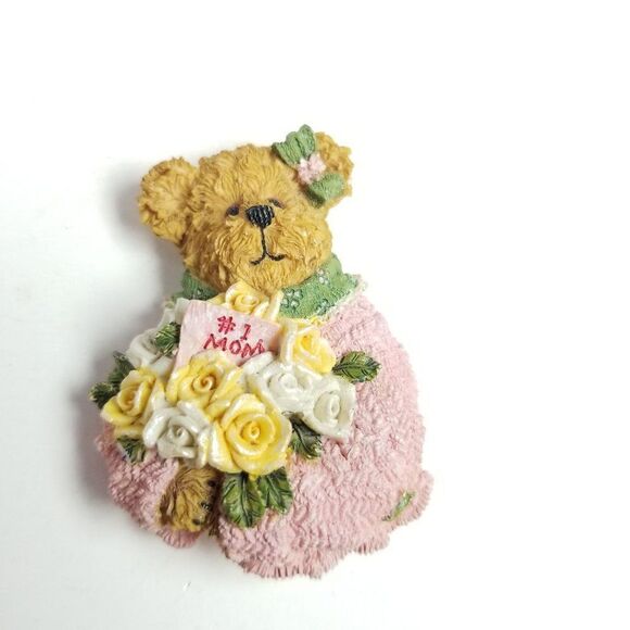 Vintage Bear in A Pink Dress with Flowers, Mothers Day Spring Pastel Brooch Pin - Picture 5 of 6